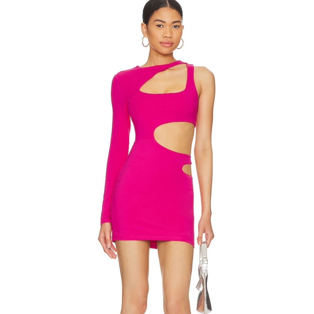 LIKE NEW REVOLVE ONE SLEEVE CUT OUT MINI DRESS SIZE XS IN HOT PINK